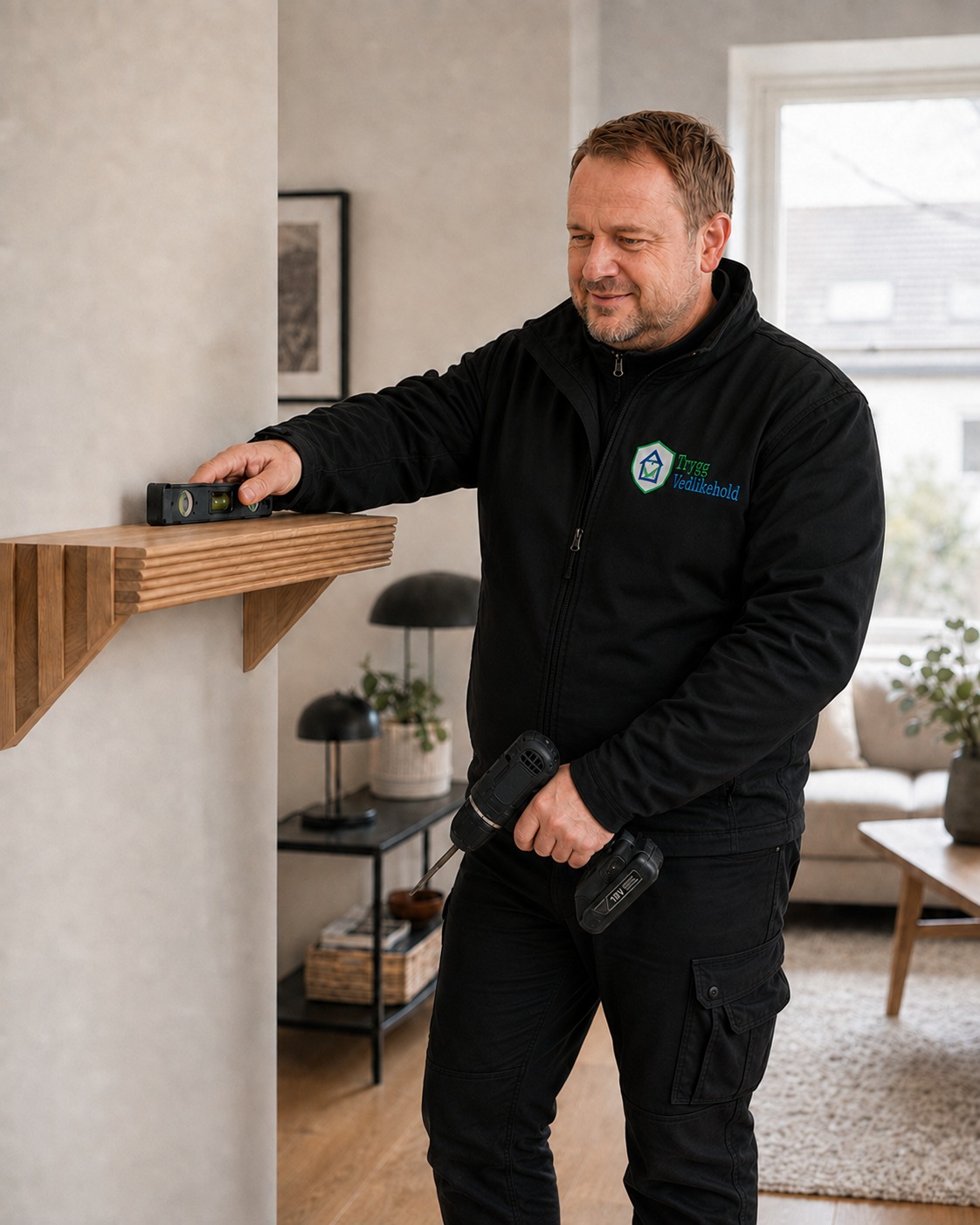 Trygg Vedlikehold monterer og kontrollerer en vegghylle