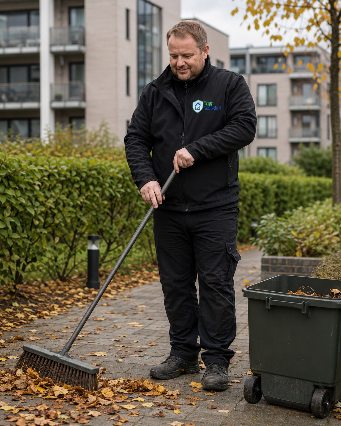 Trygg Vedlikehold samler løv og rydder et uteområde