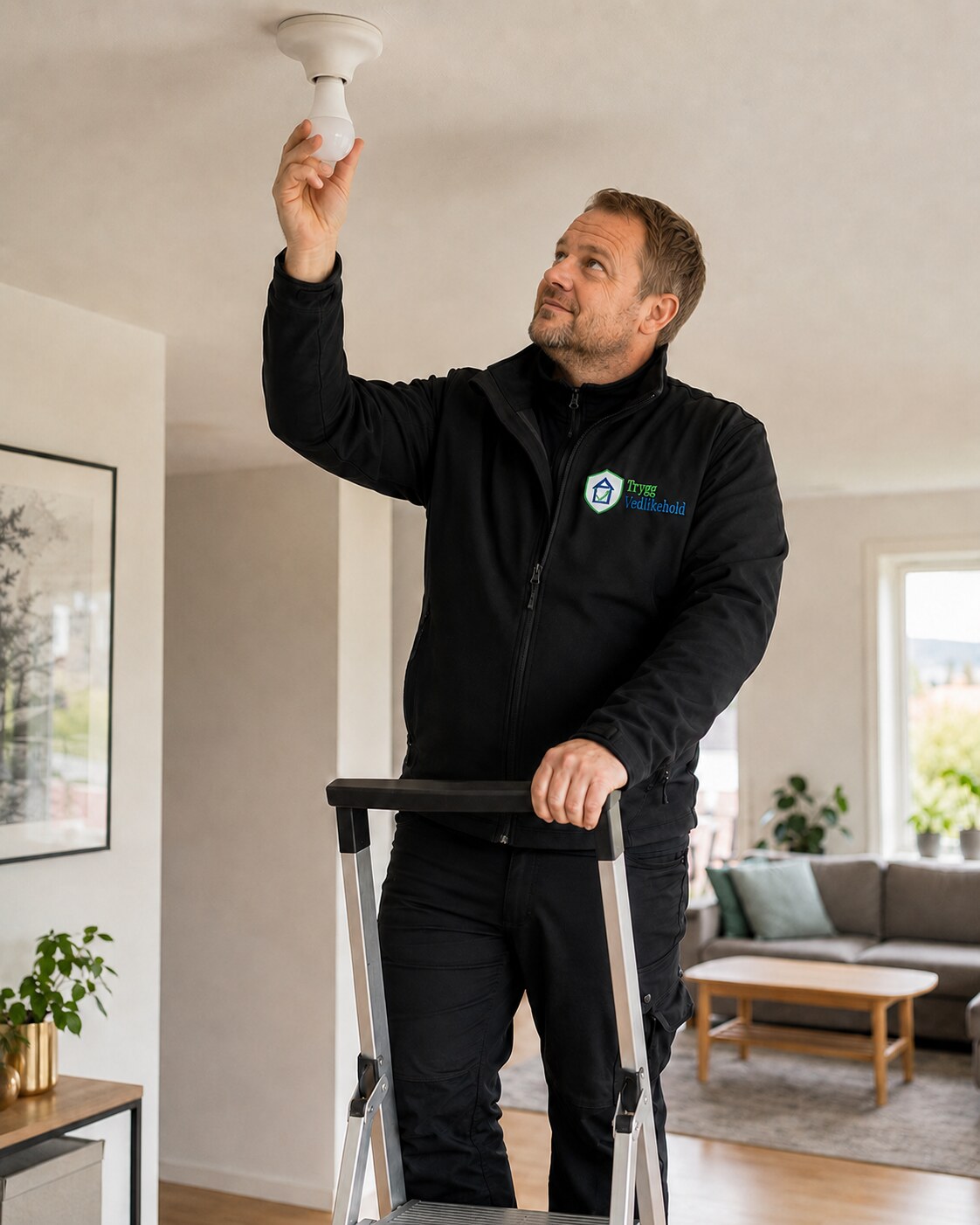 Trygg Vedlikehold skifter en vanlig lyspære i en bolig