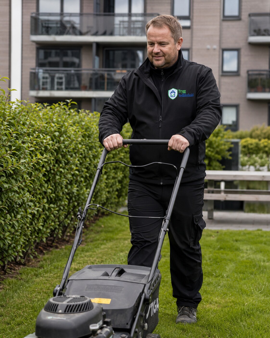 Trygg Vedlikehold klipper plen ved en bolig