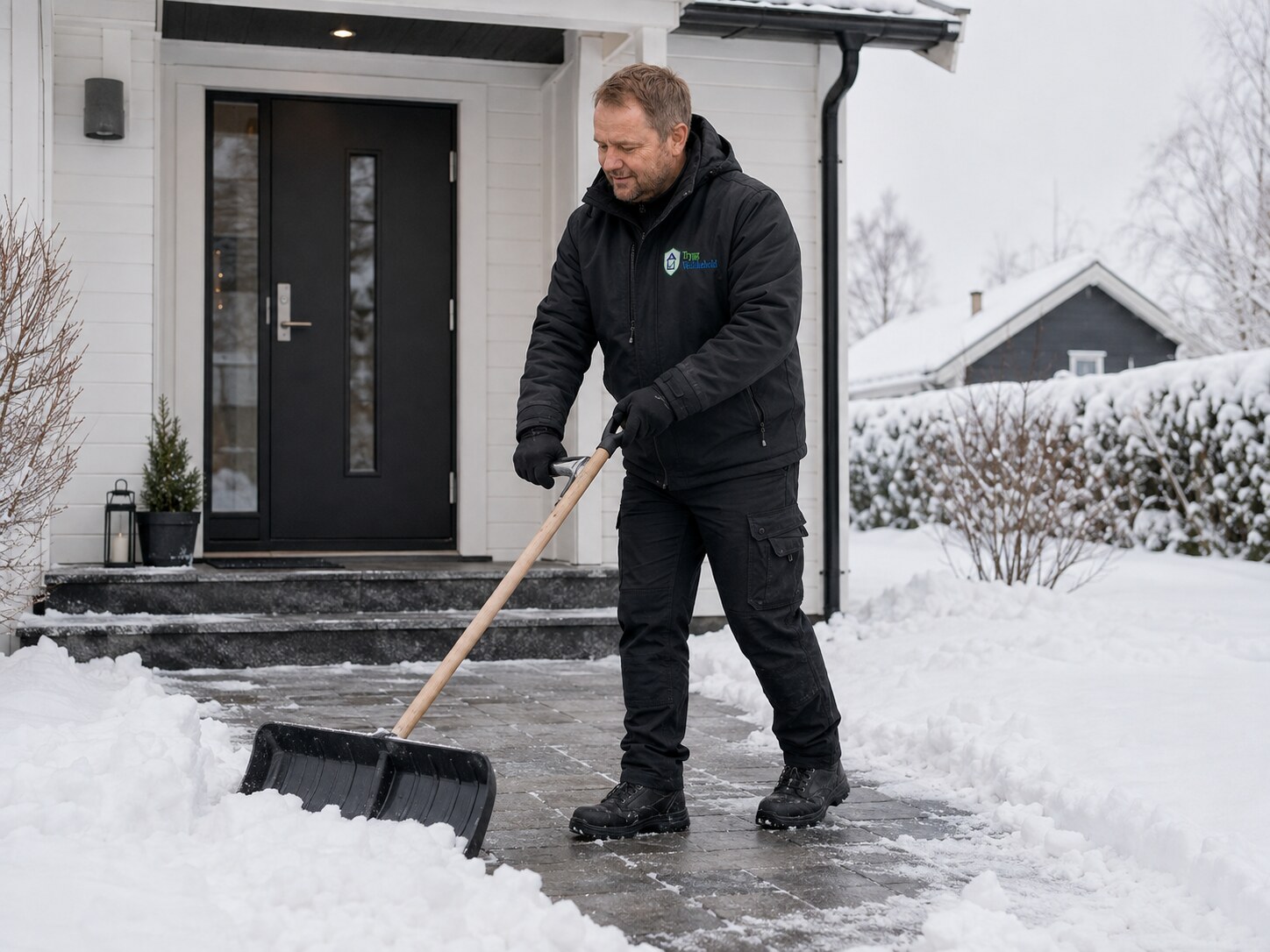 Trygg Vedlikehold rydder snø foran inngangen til en enebolig